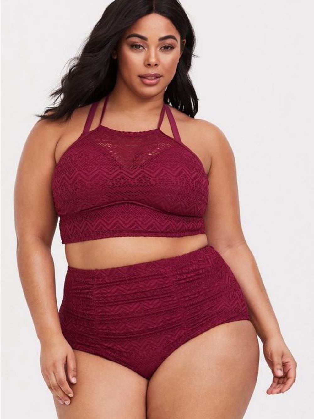 Torrid Plus Size Crochet High-Waist Bikini Set in Burgundy